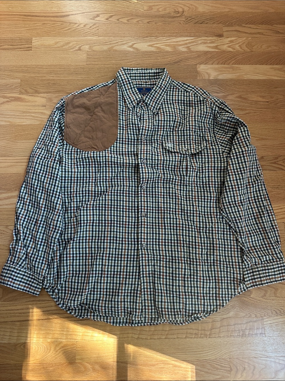 Men's Plaid Button-Down Shirt with Brown Shooting Patch